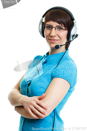 Image of Beautiful young girl in headphones with a microphone. isolated o