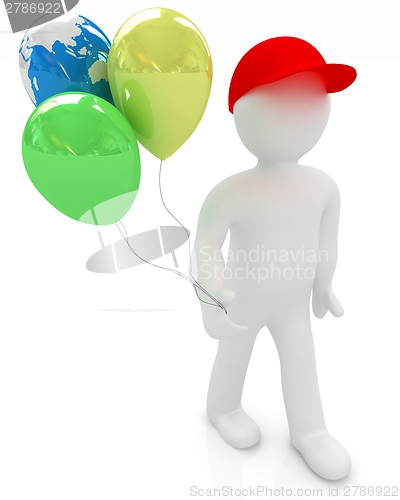 Image of 3d man keeps balloons of earth and colorful balloons . Global ho