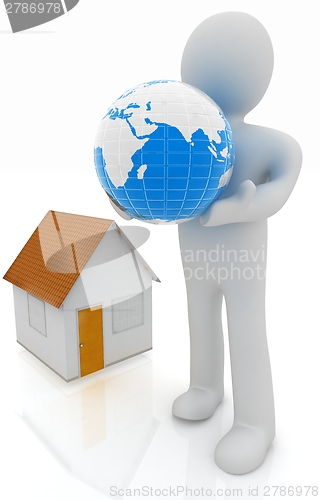 Image of 3d man, houses and earth 