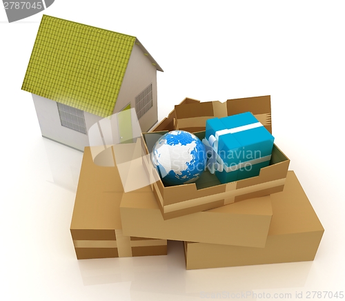 Image of Cardboard boxes, gifts, earth and houses 