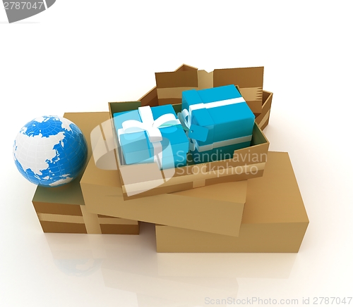 Image of Cardboard boxes, gifts and earth 