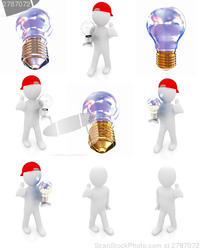 Image of Set of 3d man with energy saving light bulb