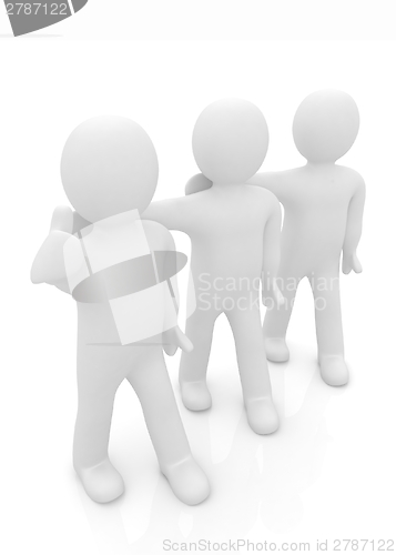 Image of 3d man with thumb up and 3d mans stand arms around each other 