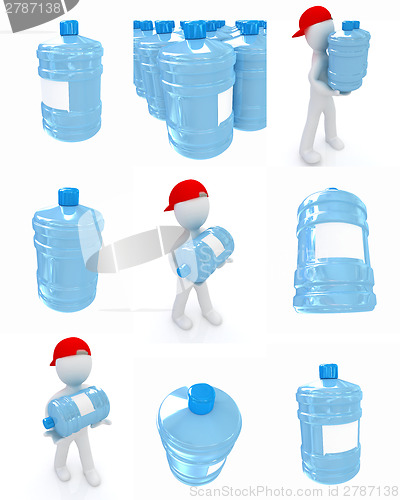 Image of Set of 3d man carrying a water bottle with clean blue water 