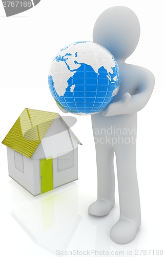 Image of 3d man, houses and earth 