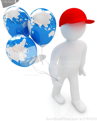 Image of 3d man keeps balloons of earth. Global holiday 