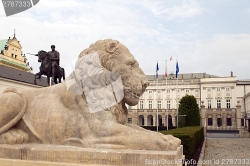 Image of presidential palace Koniecpolski Palace with lion statues Warsaw