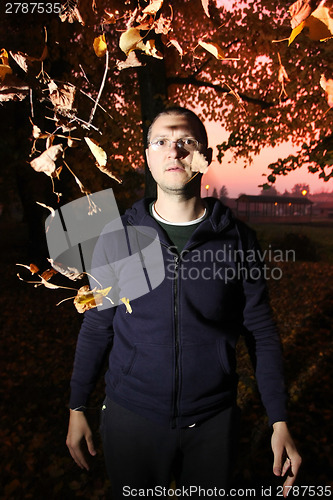 Image of Serious man in autumn park