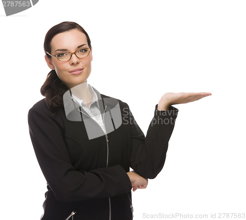 Image of Confident Mixed Race Businesswoman Gesturing with Hand to the Si