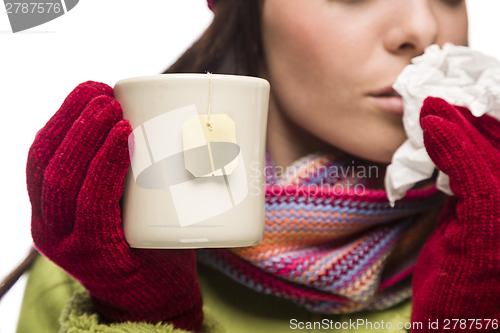 Image of Young Sick Woman Holding Cup with Blank Tea Bag Hanging