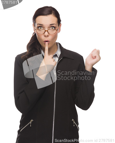 Image of Unsure Mixed Race Businesswoman Puts Finger on Her Lips