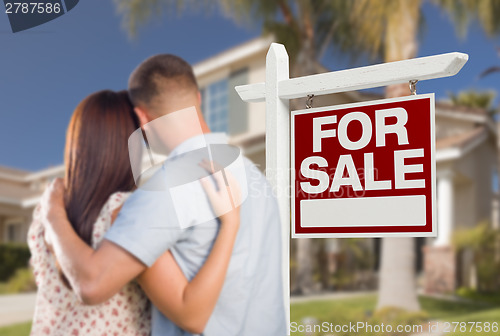Image of For Sale Real Estate Sign, Military Couple Looking at House