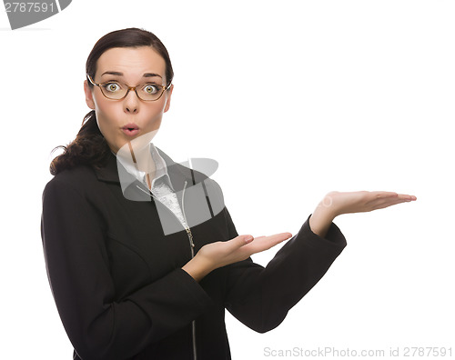 Image of Surprised Mixed Race Businesswoman Gesturing with Hand to the Si