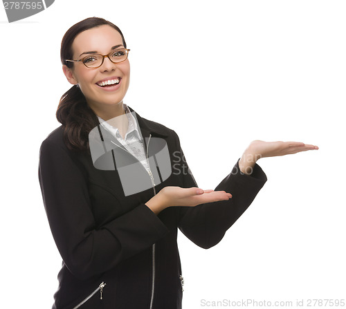 Image of Confident Mixed Race Businesswoman Gesturing with Hand to the Si