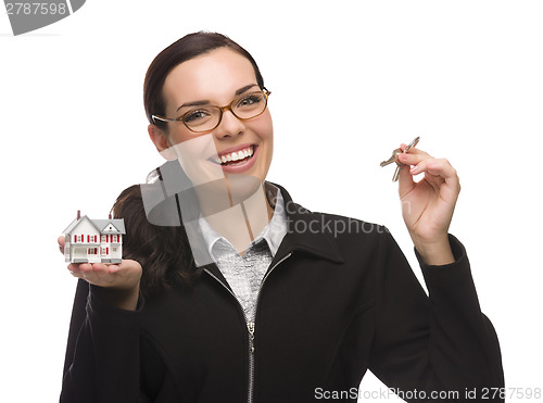 Image of Mixed Race Female Presenting Keys and Holding a Small House