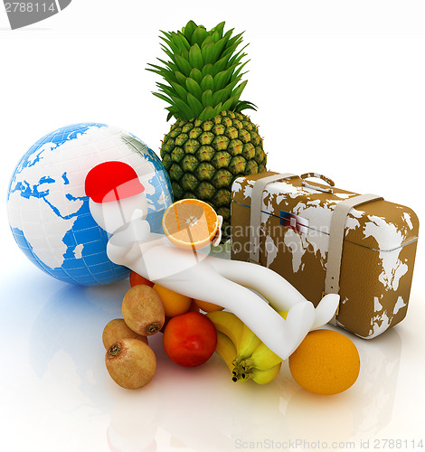 Image of 3d man with citrus,earth and traveler's suitcase 