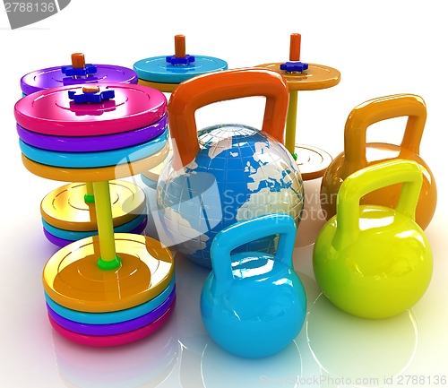 Image of Colorful weights and dumbbells and earth. Global 