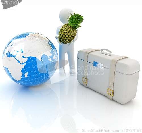 Image of 3d man with pineapple,earth and traveler's suitcase 