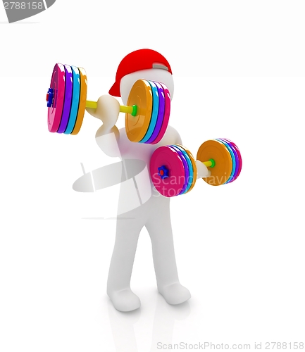 Image of 3d man with colorfull dumbbells 