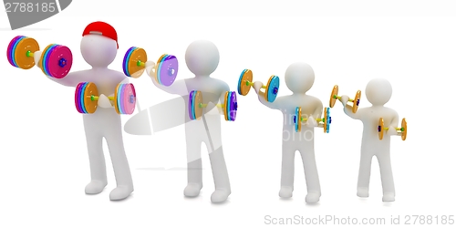 Image of 3d mans with colorfull dumbbells 