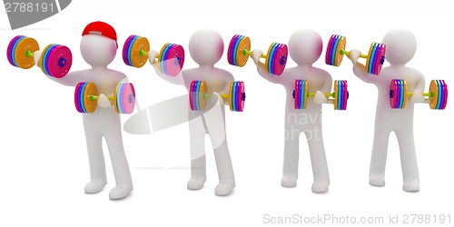 Image of 3d mans with colorfull dumbbells 