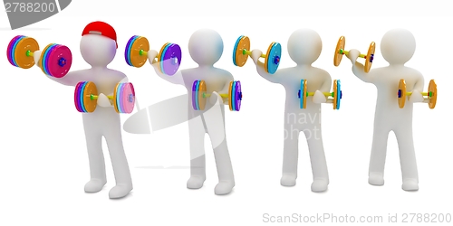 Image of 3d mans with colorfull dumbbells 