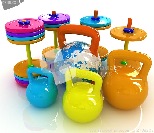 Image of Colorful weights and dumbbells and earth. Global 