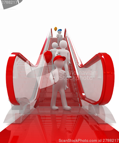 Image of Escalator and 3d mans with colorfull balloons 