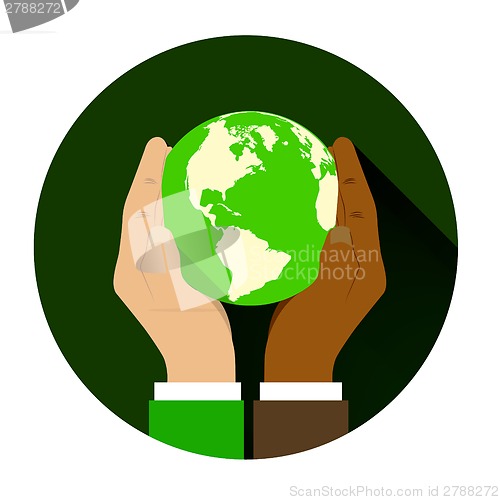 Image of mix of two different races holding hands globe.