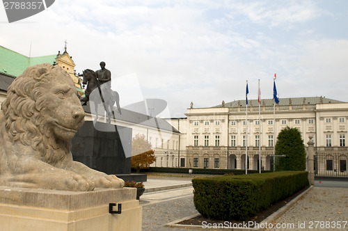 Image of presidential palace Koniecpolski Palace with lion statues Warsaw