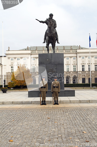 Image of editorial presidential palace Koniecpolski Palace with lion stat