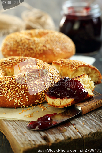 Image of Homemade bagel with jam.