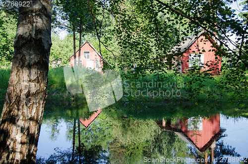 Image of two village home reflection pond and green birch  