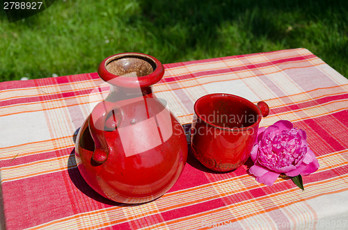 Image of retro old teapot and red cup in nature background 