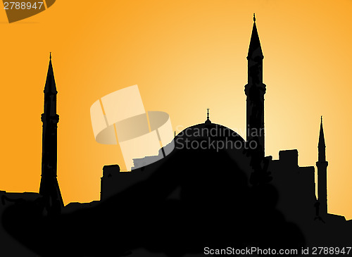 Image of Silhouette of a mosque against evening sky