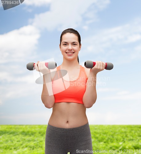 Image of young sporty woman with light dumbbells