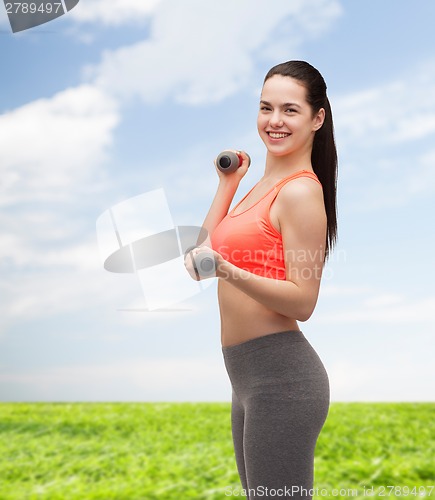 Image of young sporty woman with light dumbbells