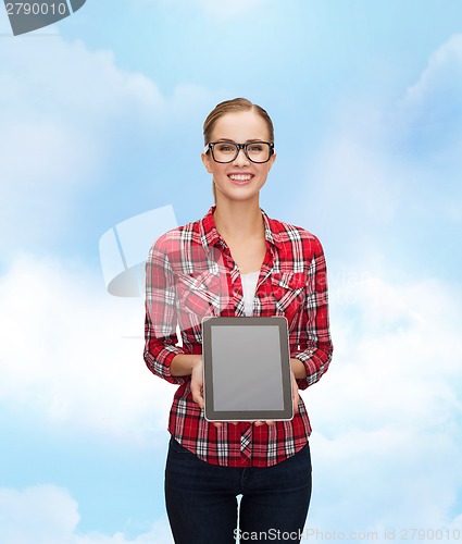 Image of smiling girl with blank tablet pc screen