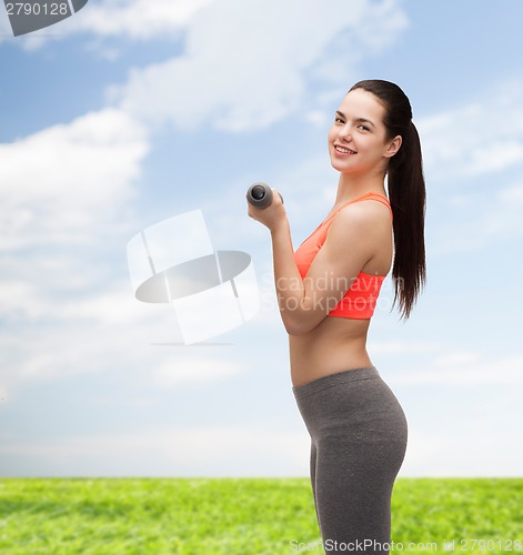 Image of young sporty woman with light dumbbells