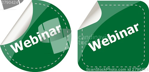 Image of webinar word on stickers button set, label, business concept