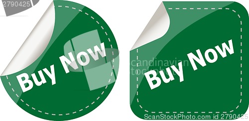 Image of buy now word on stickers button set, business label