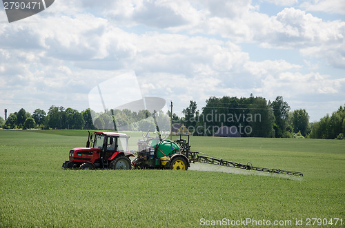 Image of tractor spray green crop field in summer 