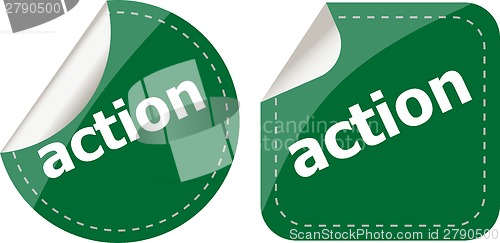 Image of action stickers set, icon button isolated on white
