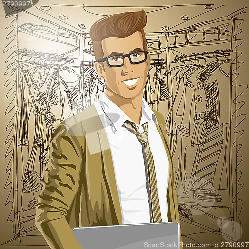 Image of Vector Hipstar Man With Laptop in His Hands