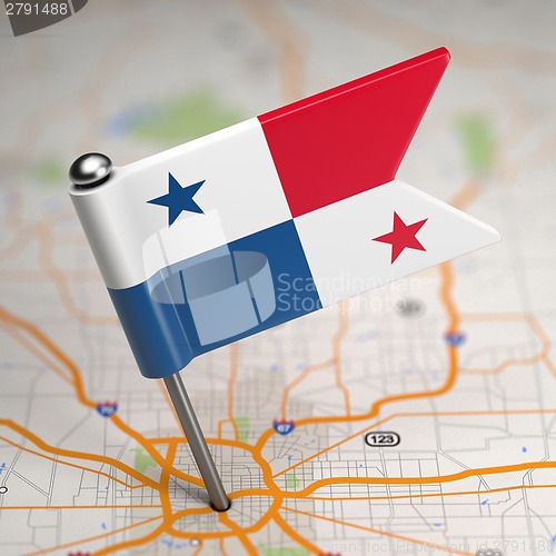 Image of Panama Small Flag on a Map Background.