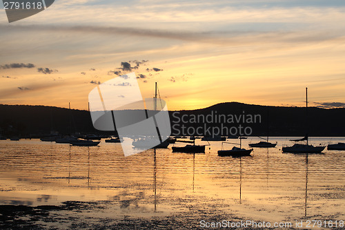 Image of Yachts and boats moored on tranquil waters at sunset