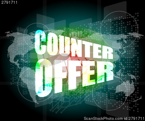 Image of counter offer words on digital screen background with world map