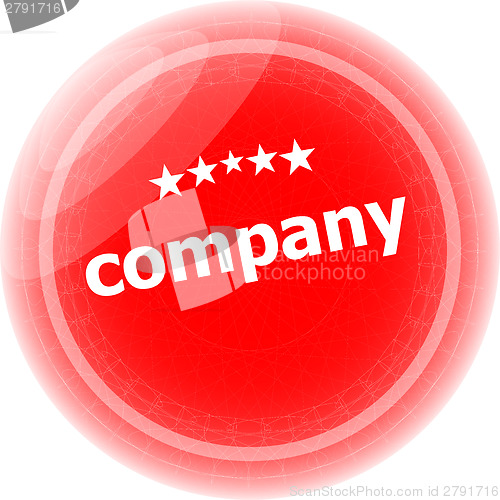 Image of company word on red stickers button, label