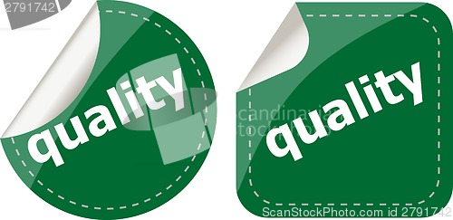 Image of quality word on stickers button set, label