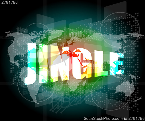 Image of jingle word on digital screen background with world map